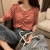 Simple Retro Plaid Crop Blouse Shirts